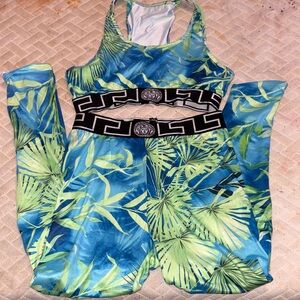 Versace Blue & Green Tropical Print Leggings with Matching Crop Top